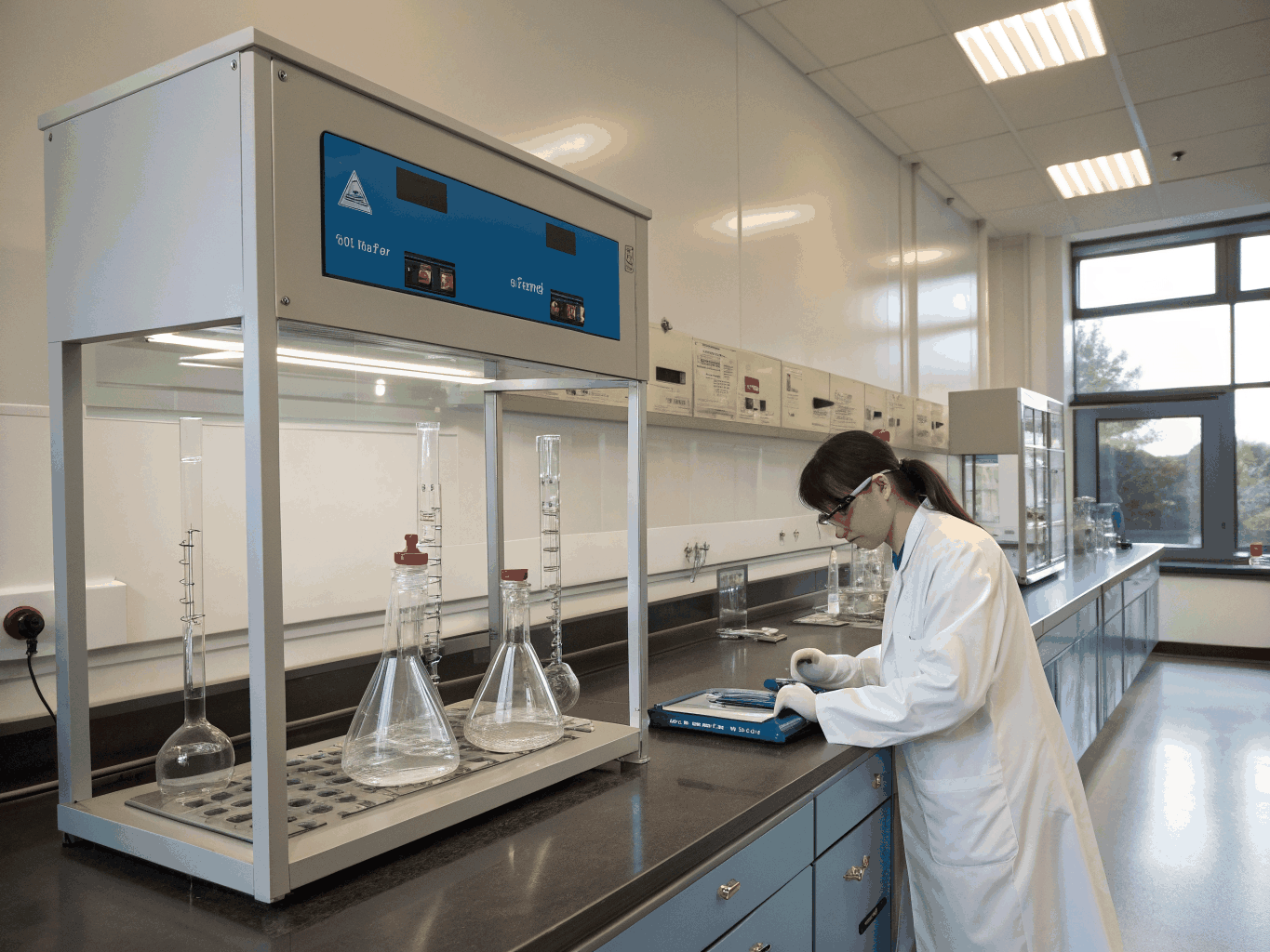 Laboratory technician performing purity analysis on mining reagents