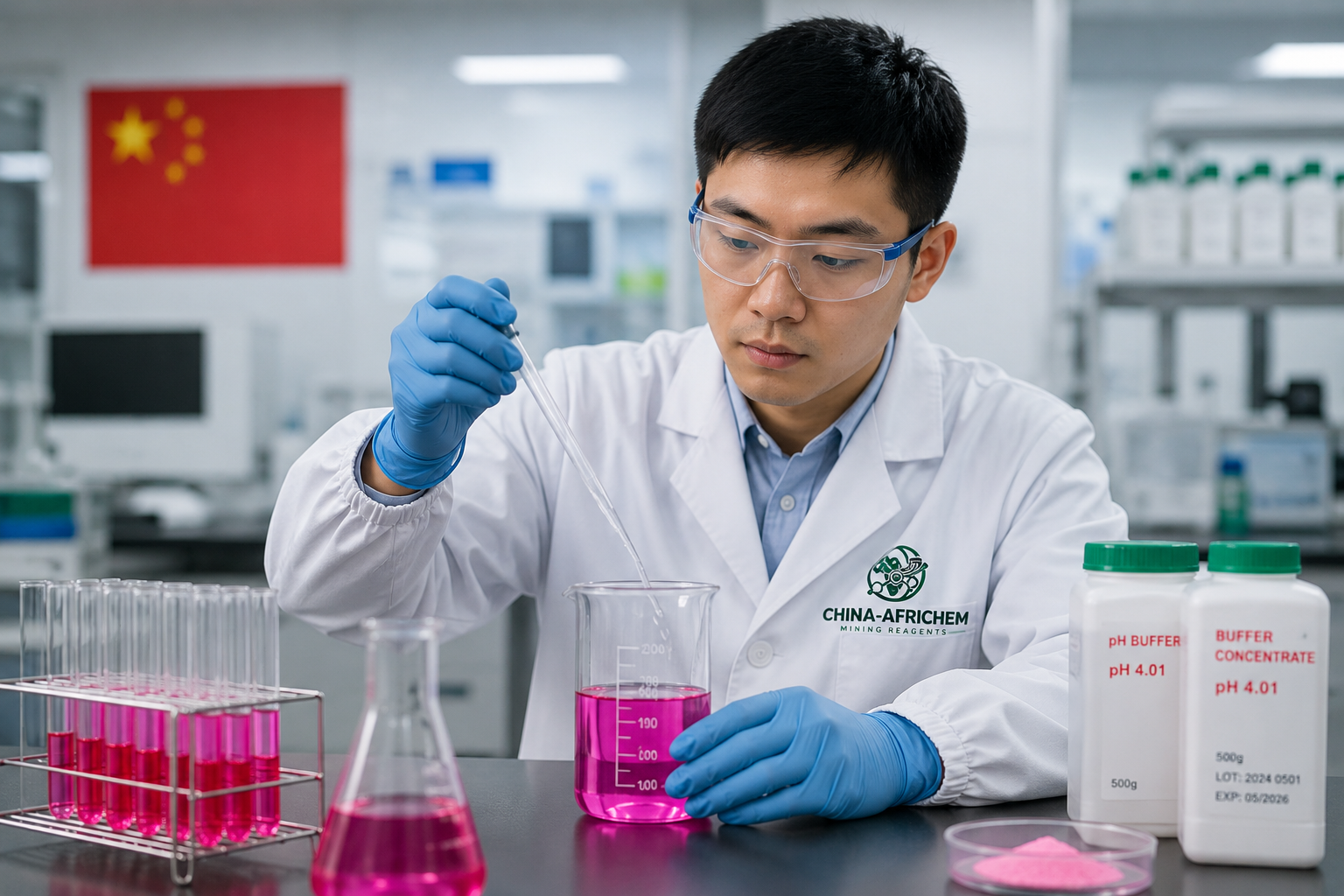 Chinese laboratory technician testing mineral processing chemicals in a lab setting