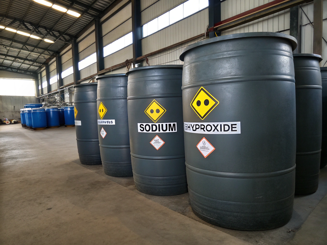 Chemical drums in a warehouse setting for flotation reagents