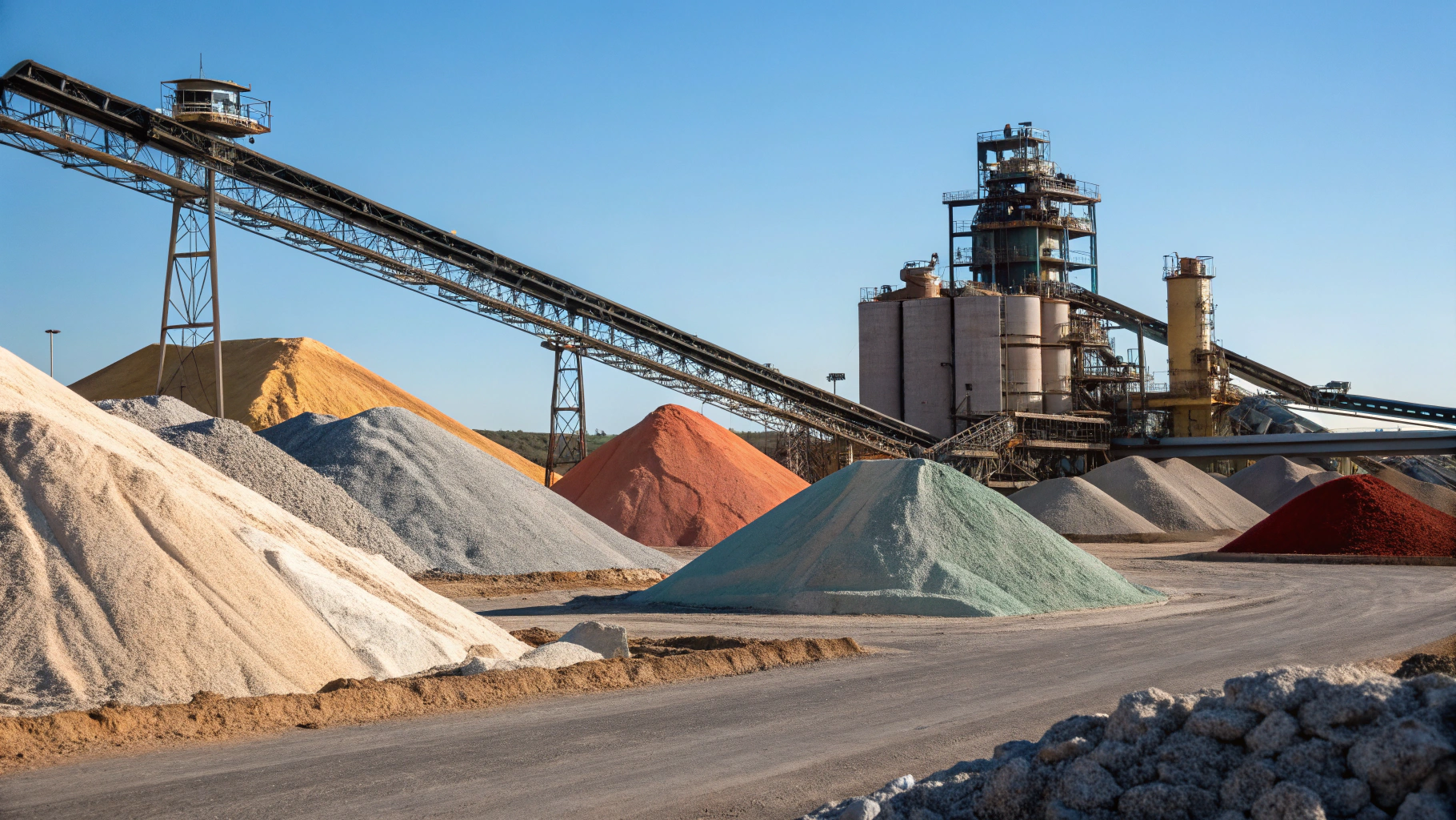 Large-scale mineral processing plant with flotation cells and chemical storage tanks